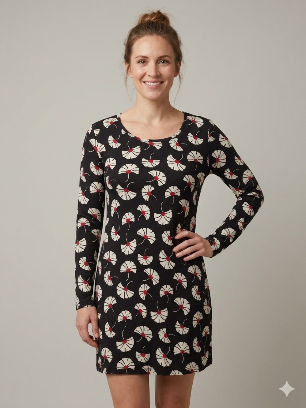 Gudrun Sojden Sz L Black Printed Floral Modal Long Sleeves Dress